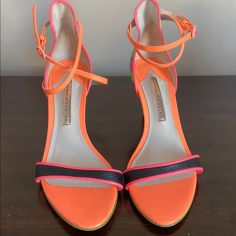 Sophia Webster Neon Orange Pink Green Mixed-Print Ankle-Strap Heels - Picture 3 of 9